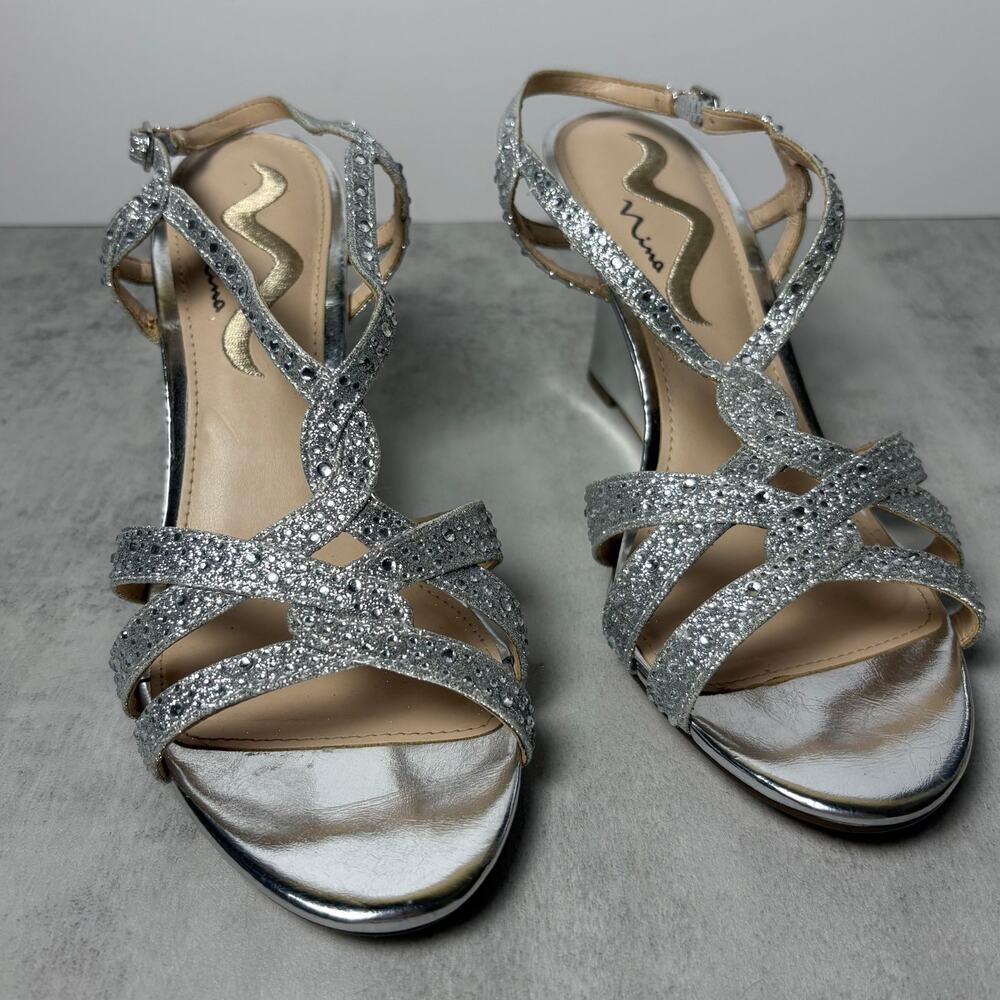 Nina Vanida Wedge Strappy Silver Glitter Rhinestone Dress Sandal Women's 9.5